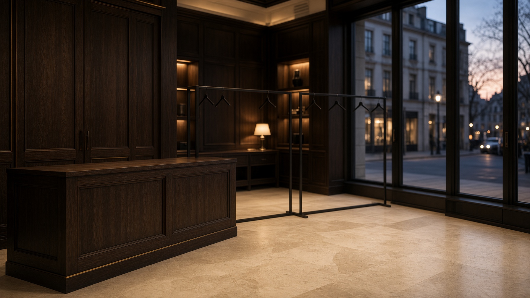 Newly completed retail interior with oak joinery and evening light